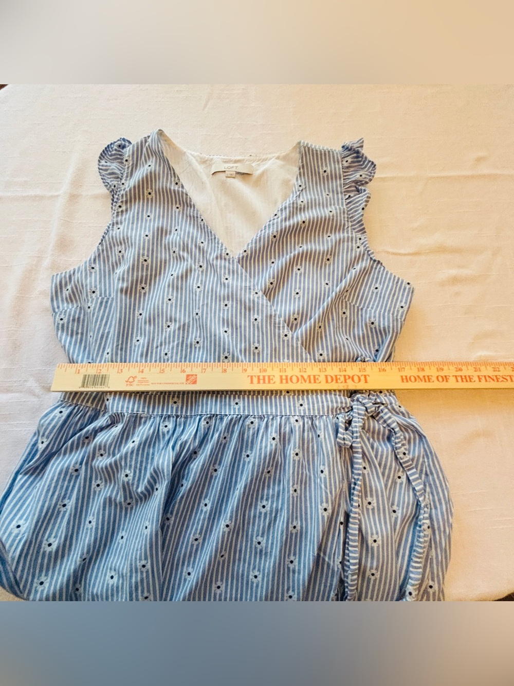 LOFT Light Blue & White Striped Midi Wrap Dress with Ruffle Sleeves Women’s L - Picture 9 of 11